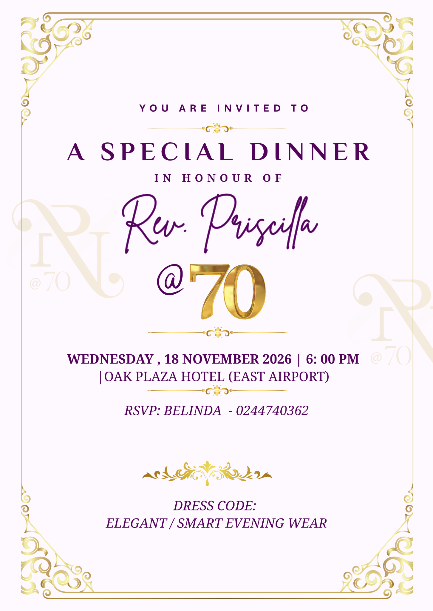 Invitation to a special dinner in honour of Rev. Priscilla at 70